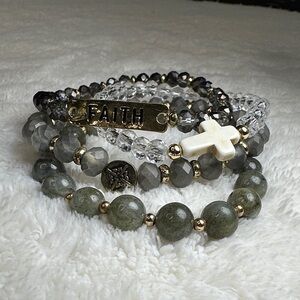 Beaded Bracelet Set of 4 Faith Cross Slate & Gold Tone Stretchy NWOT Marie Jane
